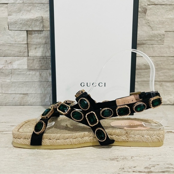 Gucci NEW SZ 36.5 Grosgrain Green Jewel Embellished Espadrille Flat Sandals - Picture 10 of 16